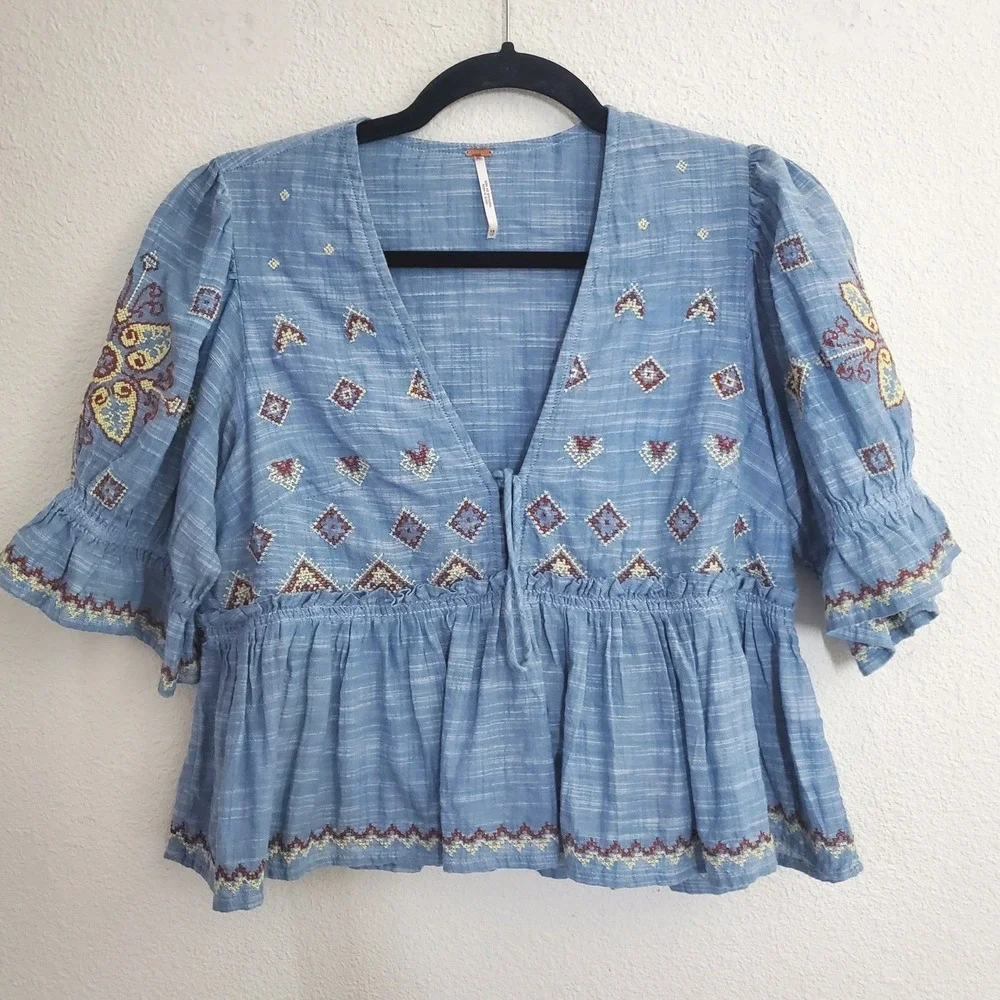 Free‎ People Tallulah Embroidered Chambray Peplum Top Blue XS Bohemian Tassel